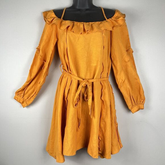Revolve Marissa Webb Belted Dress Linen Sz 4 Colorful Orange Flirty Coquette - Picture 2 of 9